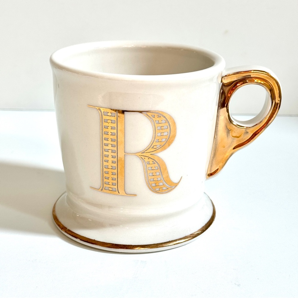 Anthropologie Gold Letter R Initial Monogram Coffee Cup Shaving Mug Pedestal